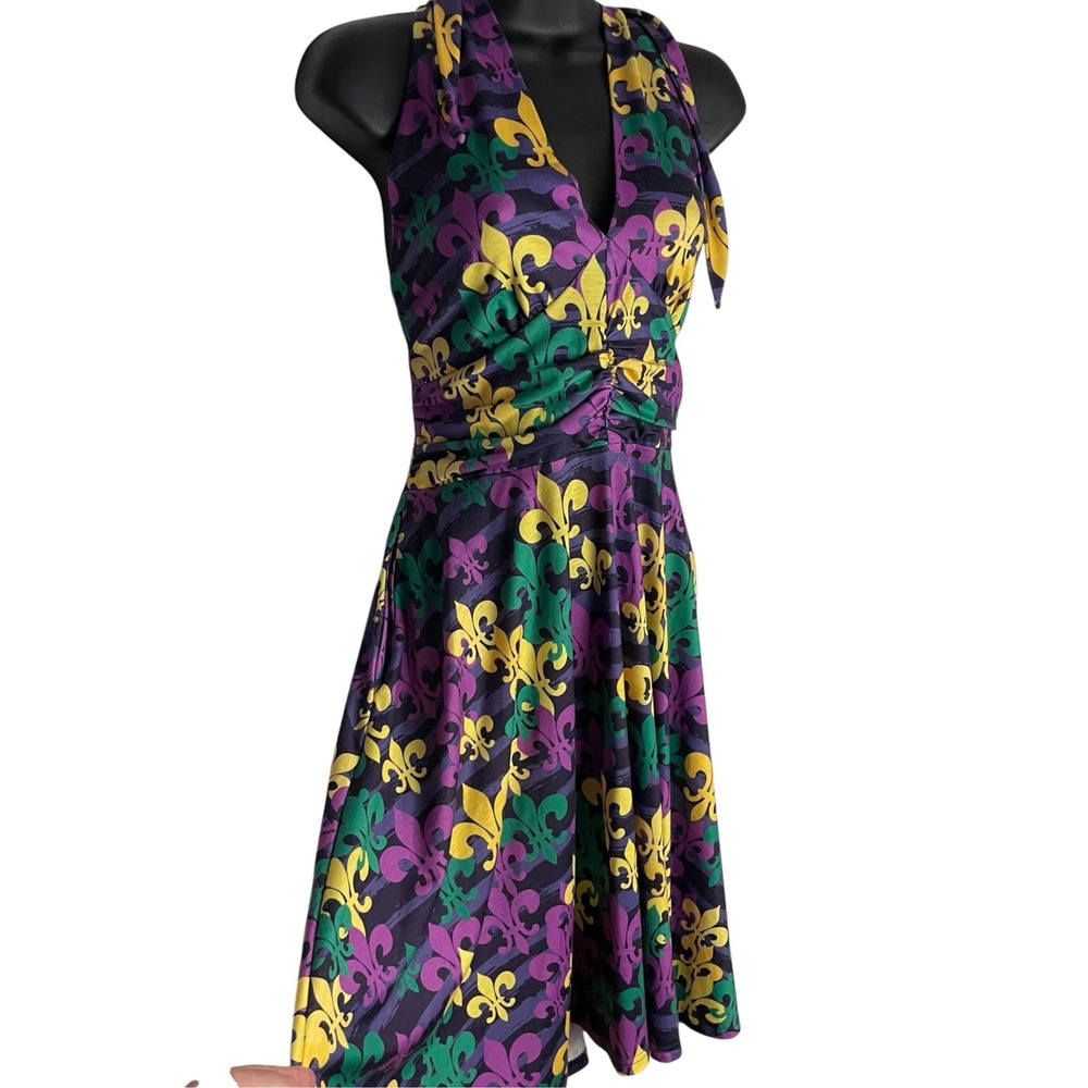 Womens Mardi Gras Halter Dress Size L Purple Festive Fleur De Lis New Orleans